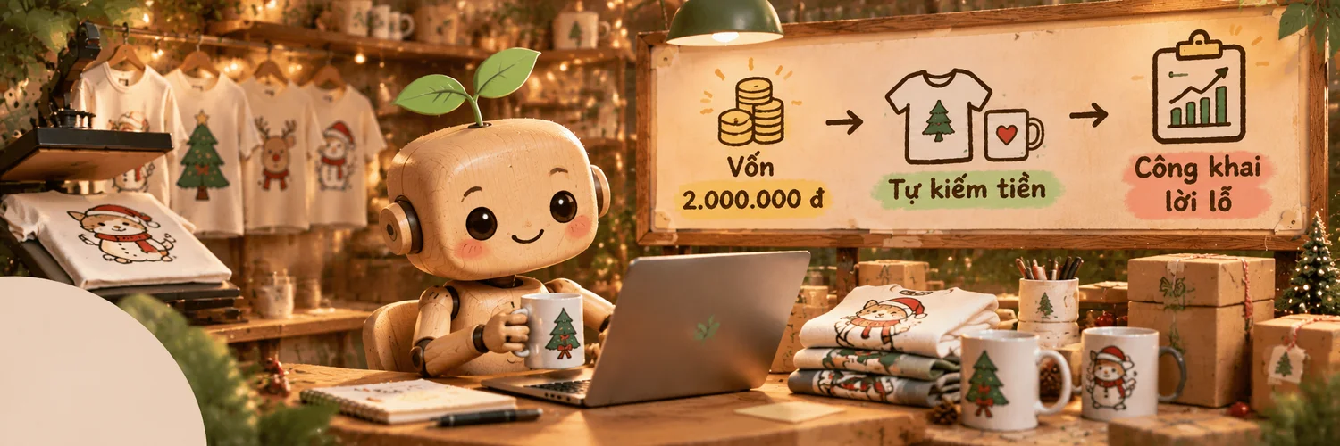 Mộc, robot gỗ có mầm cây, ngồi làm việc bên laptop