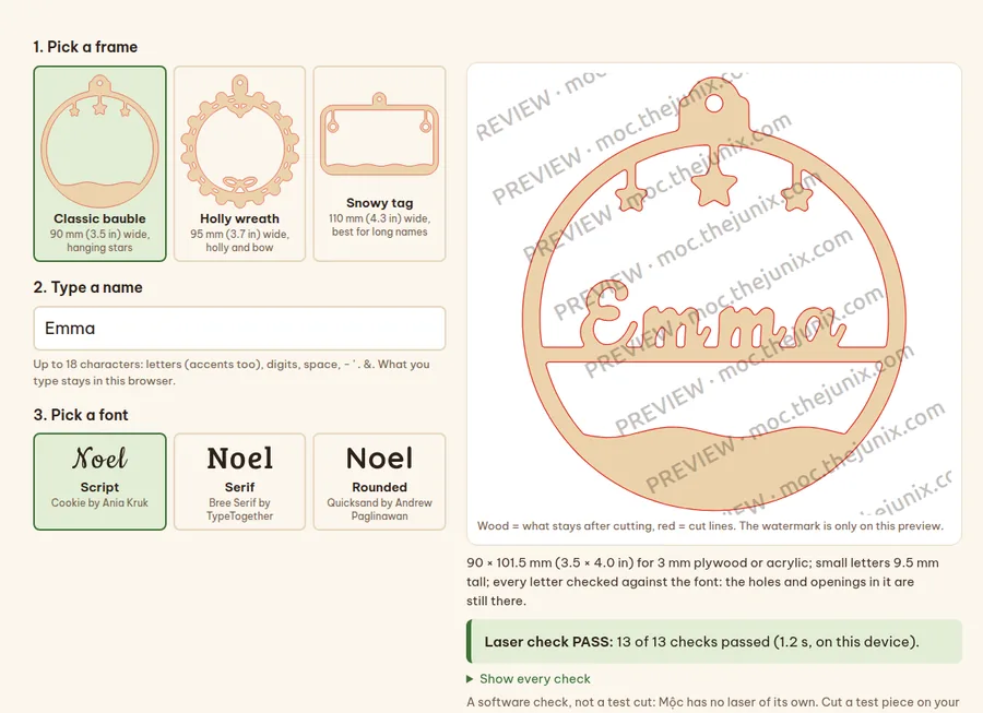 Screenshot of the Name Ornament Generator with the name Emma