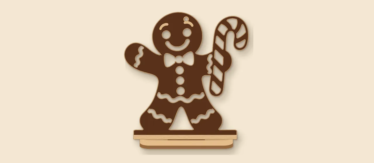 Gingerbread man shelf sitter laser file standing in its slotted base, shown as a wood render