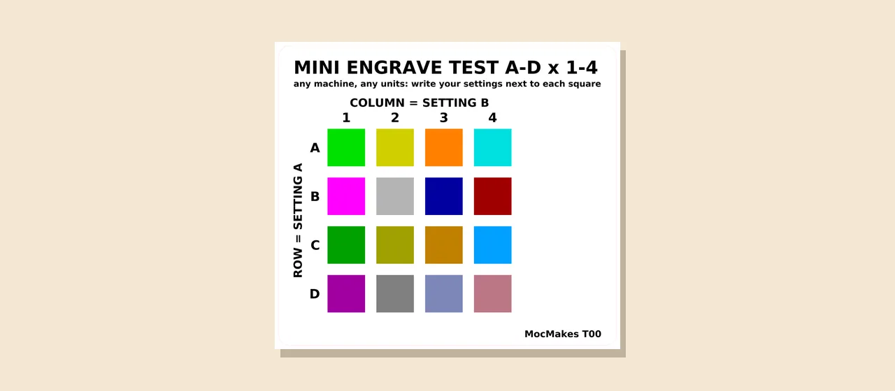 Mini laser engrave test card with 16 coloured squares in rows A to D and columns 1 to 4