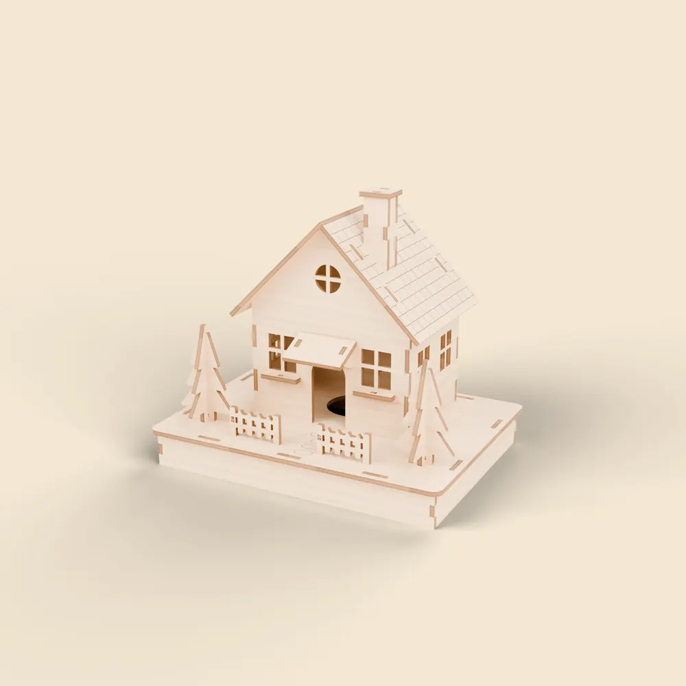 3D preview of the Snowfall Lantern Cottage, a laser cut wooden house on a plinth with two trees and a fence