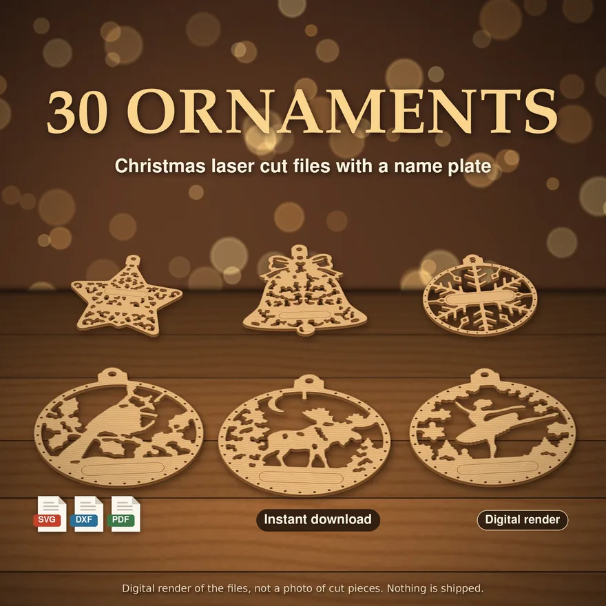 30 laser cut Christmas bauble ornaments in wood, digital render