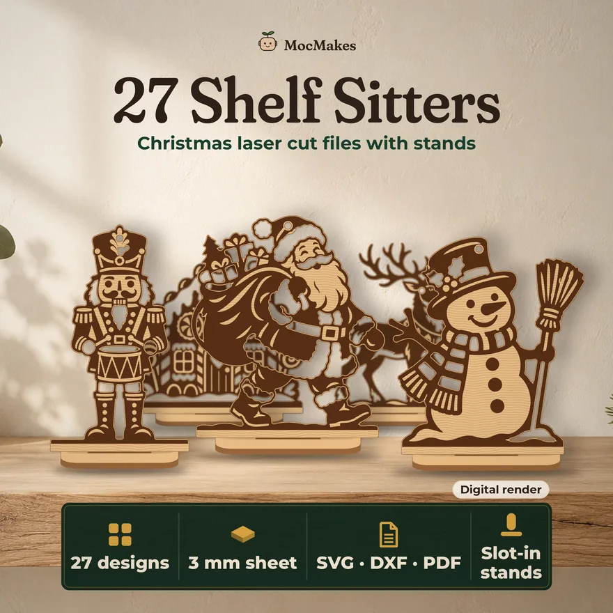 27 wooden Christmas shelf sitters: nutcracker, Santa, reindeer, snowman, digital render