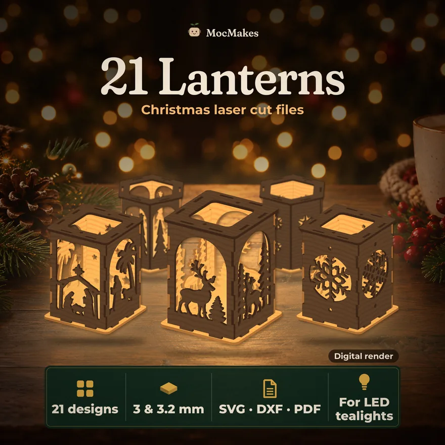Glowing wooden Christmas tealight lanterns, digital render