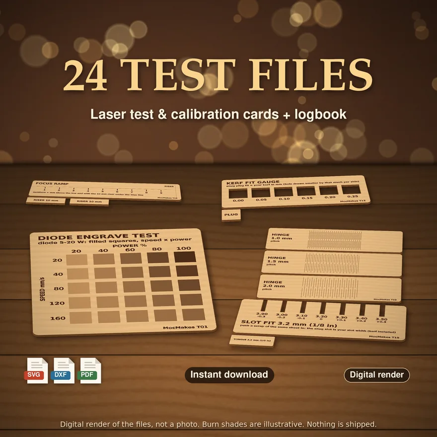 Wooden laser test cards and calibration gauges, digital render