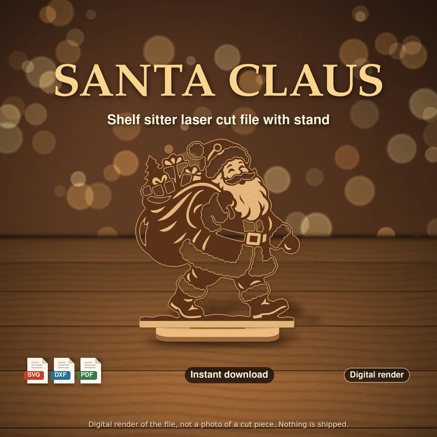 Wooden Santa with gift sack shelf sitter, digital render