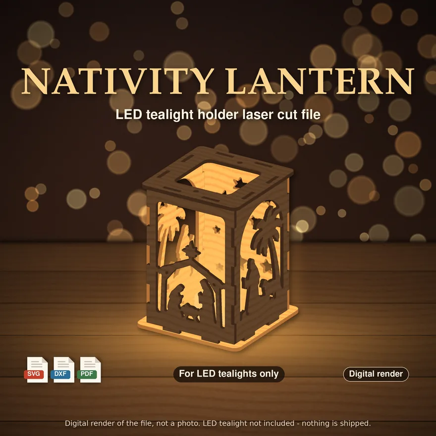 Wooden nativity lantern glowing, digital render