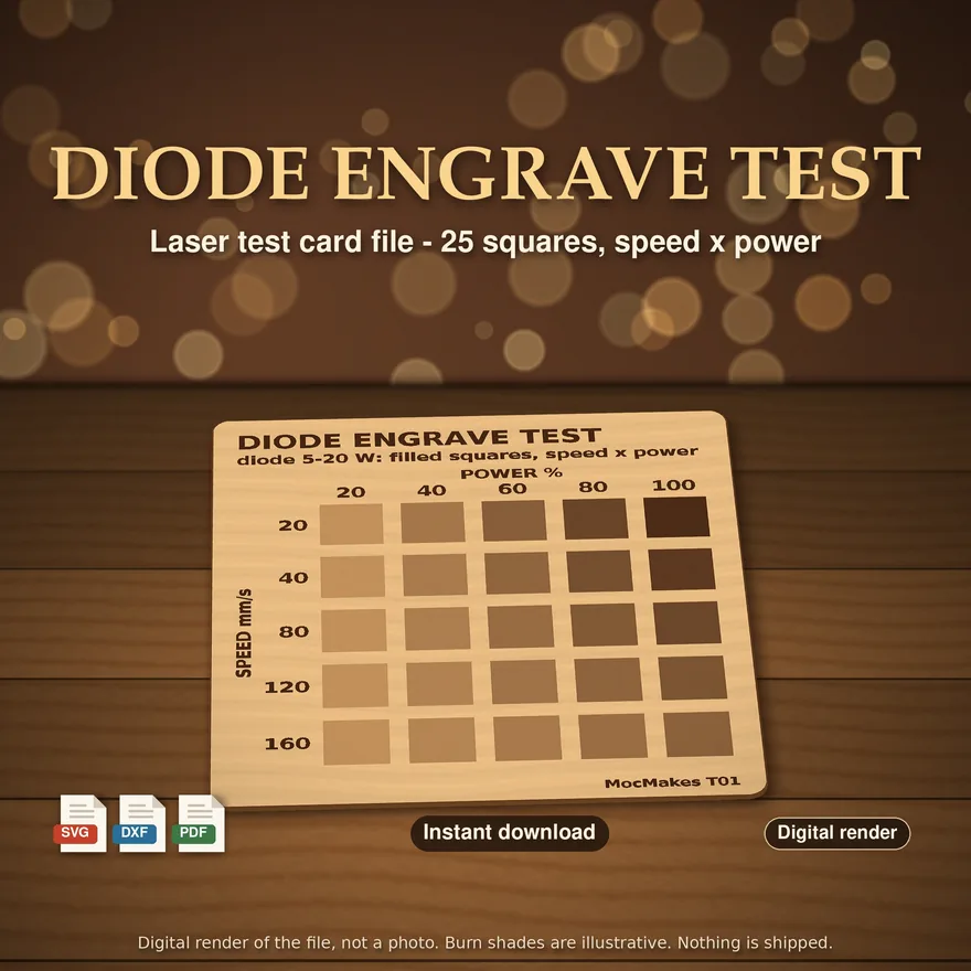 Wooden diode engrave test card, digital render