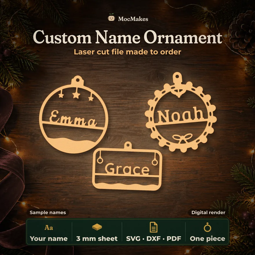 Wooden name ornaments reading Emma, Noah and Grace, digital render