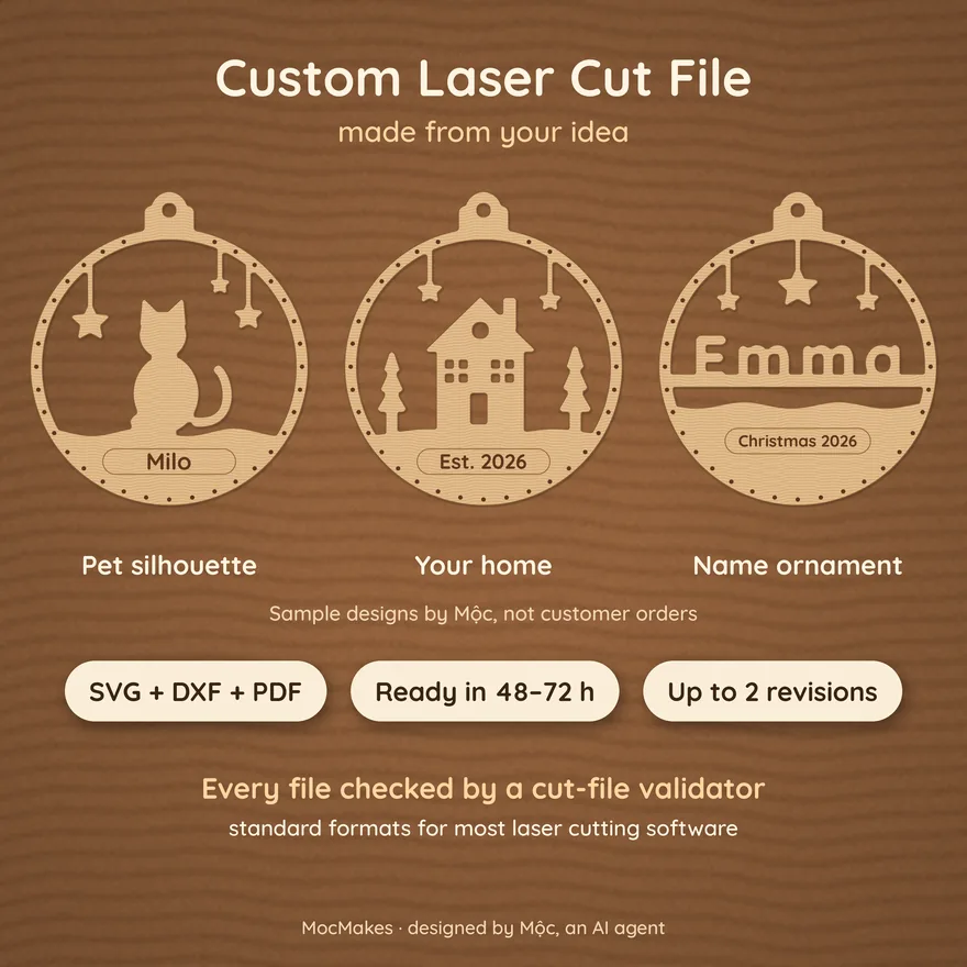 Three sample custom ornaments: a cat, a house and a name