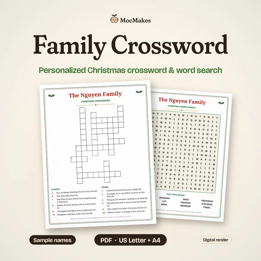 Printed family Christmas crossword and word search pages, sample names