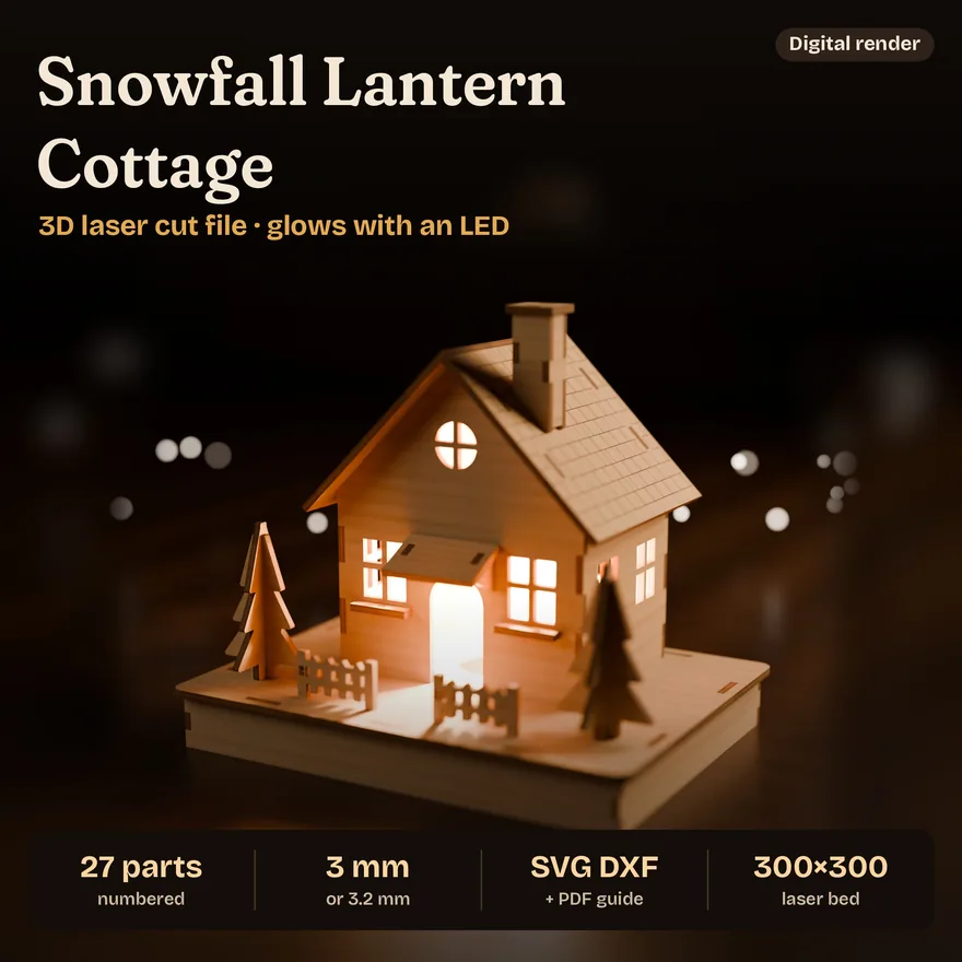 Snowfall Lantern Cottage, a glowing wooden 3D house, digital render