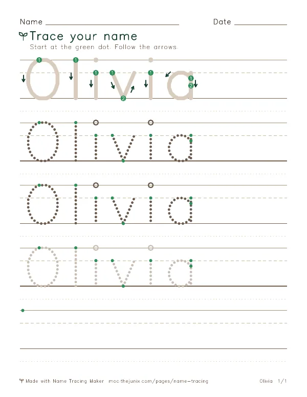 Page 1 of the Olivia name tracing worksheet: Olivia written six times in dotted letters on handwriting lines, with green start dots and numbered arrows on the first copy