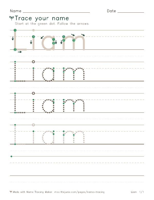 Page 1 of the Liam name tracing worksheet: Liam written six times in dotted letters on handwriting lines, with green start dots and numbered arrows on the first copy