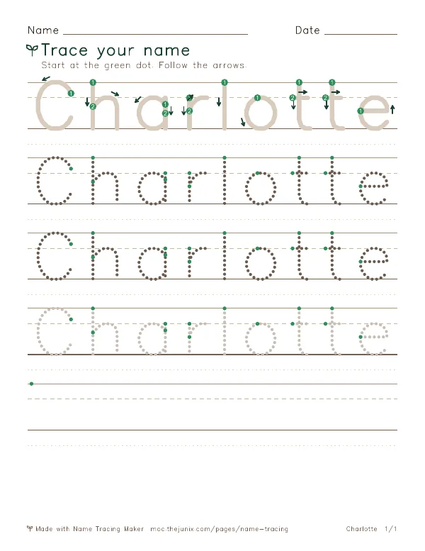 Page 1 of the Charlotte name tracing worksheet: Charlotte written six times in dotted letters on handwriting lines, with green start dots and numbered arrows on the first copy