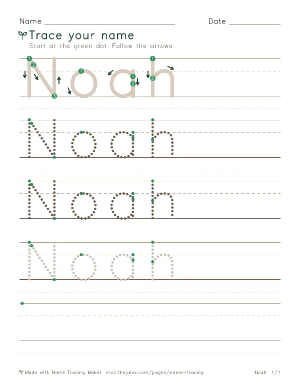 Page 1 of the Noah name tracing worksheet: Noah written six times in dotted letters on handwriting lines, with green start dots and numbered arrows on the first copy