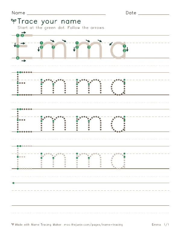 Page 1 of the Emma name tracing worksheet: Emma written six times in dotted letters on handwriting lines, with green start dots and numbered arrows on the first copy