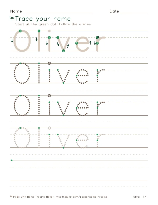 Page 1 of the Oliver name tracing worksheet: Oliver written six times in dotted letters on handwriting lines, with green start dots and numbered arrows on the first copy