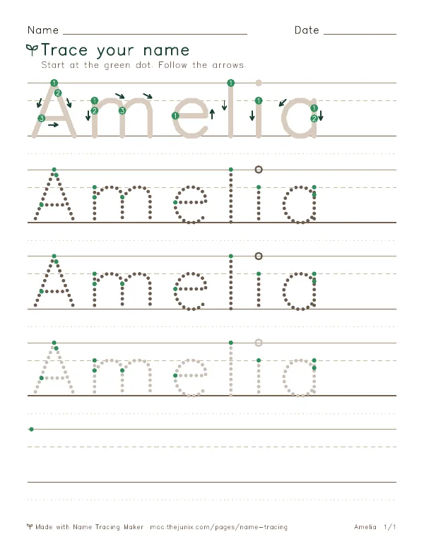 Page 1 of the Amelia name tracing worksheet: Amelia written six times in dotted letters on handwriting lines, with green start dots and numbered arrows on the first copy
