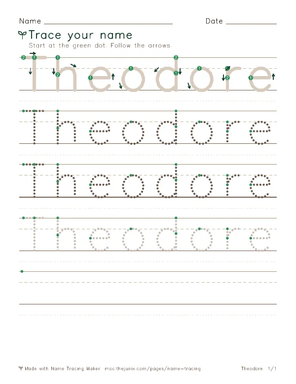 Page 1 of the Theodore name tracing worksheet: Theodore written six times in dotted letters on handwriting lines, with green start dots and numbered arrows on the first copy
