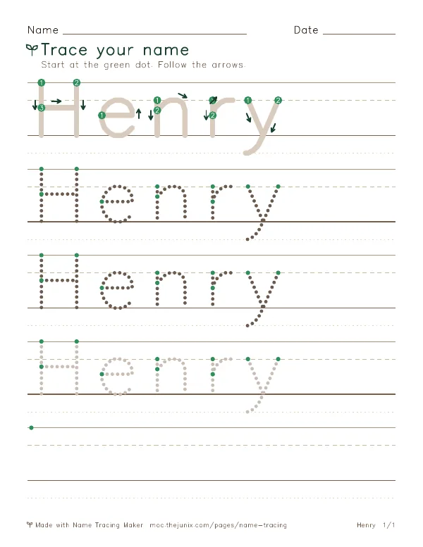 Page 1 of the Henry name tracing worksheet: Henry written six times in dotted letters on handwriting lines, with green start dots and numbered arrows on the first copy