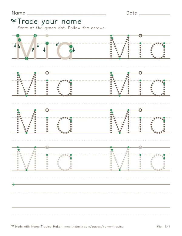 Page 1 of the Mia name tracing worksheet: Mia written six times in dotted letters on handwriting lines, with green start dots and numbered arrows on the first copy