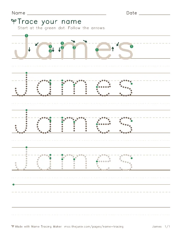 Page 1 of the James name tracing worksheet: James written six times in dotted letters on handwriting lines, with green start dots and numbered arrows on the first copy