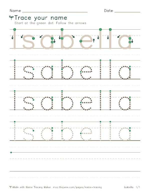 Page 1 of the Isabella name tracing worksheet: Isabella written six times in dotted letters on handwriting lines, with green start dots and numbered arrows on the first copy
