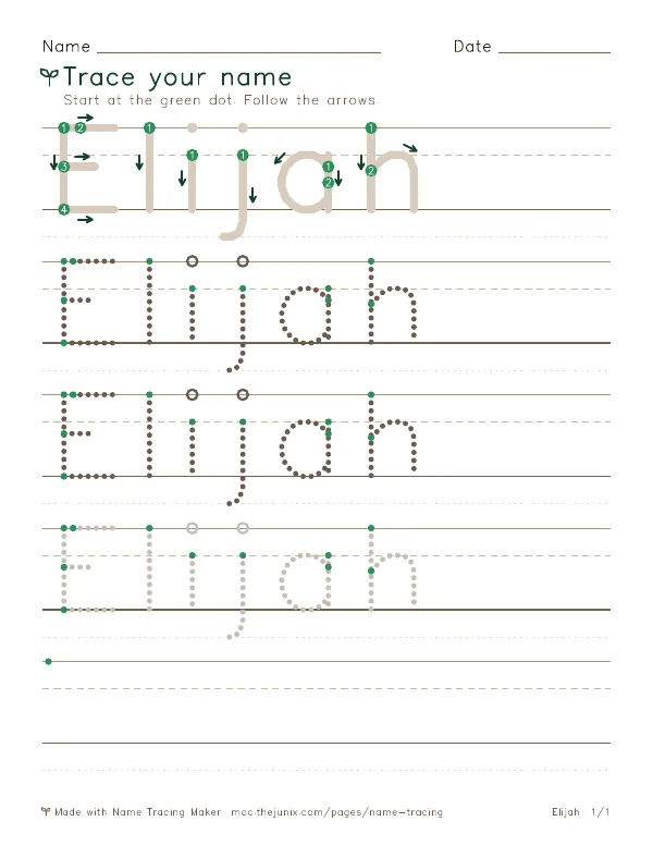 Page 1 of the Elijah name tracing worksheet: Elijah written six times in dotted letters on handwriting lines, with green start dots and numbered arrows on the first copy