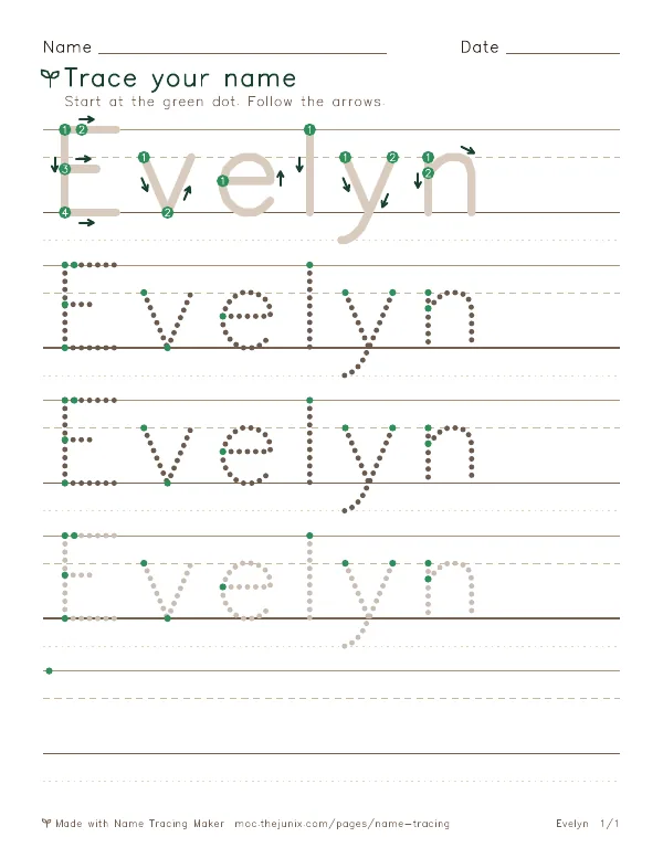 Page 1 of the Evelyn name tracing worksheet: Evelyn written six times in dotted letters on handwriting lines, with green start dots and numbered arrows on the first copy