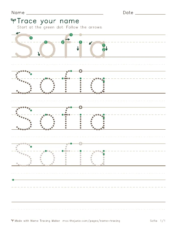 Page 1 of the Sofia name tracing worksheet: Sofia written six times in dotted letters on handwriting lines, with green start dots and numbered arrows on the first copy