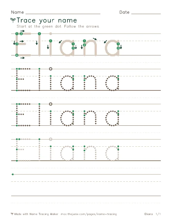 Page 1 of the Eliana name tracing worksheet: Eliana written six times in dotted letters on handwriting lines, with green start dots and numbered arrows on the first copy
