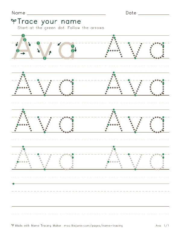 Page 1 of the Ava name tracing worksheet: Ava written six times in dotted letters on handwriting lines, with green start dots and numbered arrows on the first copy