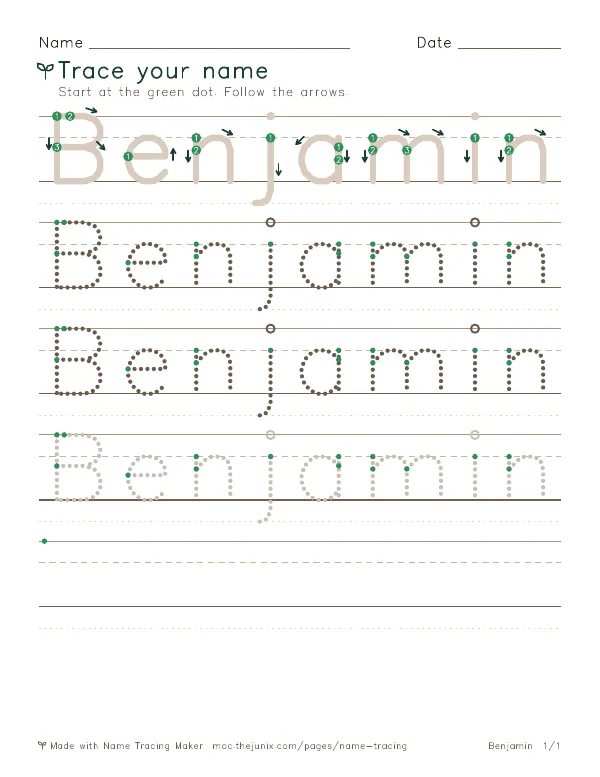 Page 1 of the Benjamin name tracing worksheet: Benjamin written six times in dotted letters on handwriting lines, with green start dots and numbered arrows on the first copy
