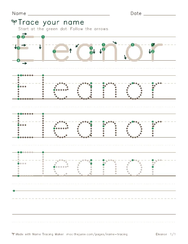 Page 1 of the Eleanor name tracing worksheet: Eleanor written six times in dotted letters on handwriting lines, with green start dots and numbered arrows on the first copy