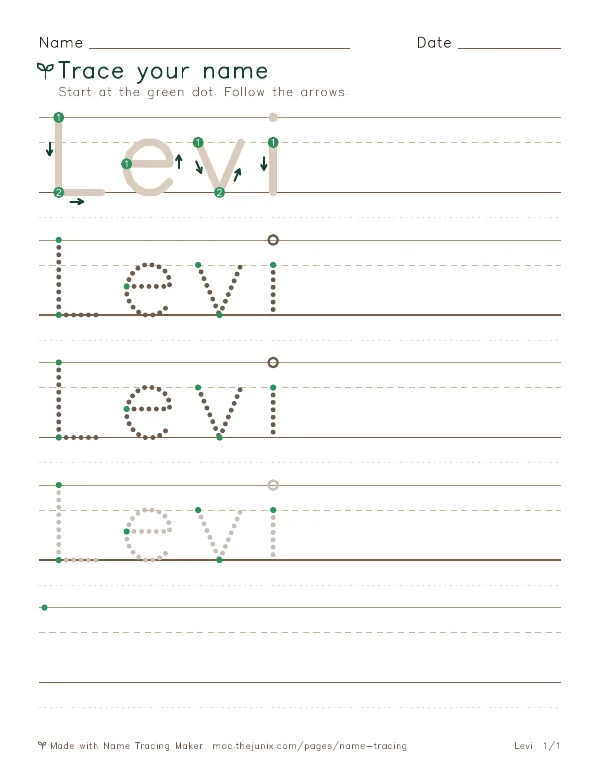 Page 1 of the Levi name tracing worksheet: Levi written six times in dotted letters on handwriting lines, with green start dots and numbered arrows on the first copy