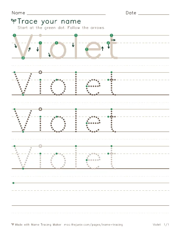 Page 1 of the Violet name tracing worksheet: Violet written six times in dotted letters on handwriting lines, with green start dots and numbered arrows on the first copy