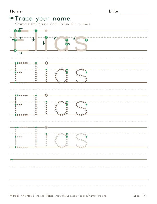 Page 1 of the Elias name tracing worksheet: Elias written six times in dotted letters on handwriting lines, with green start dots and numbered arrows on the first copy