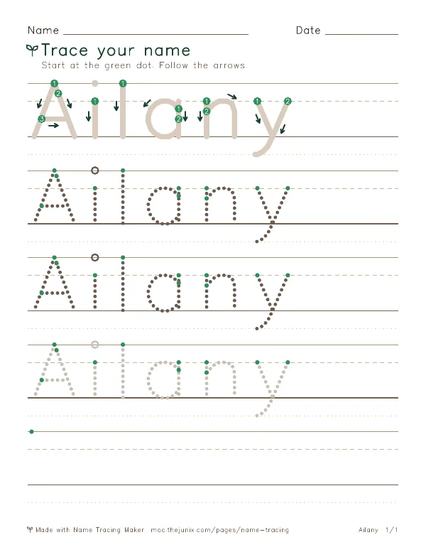 Page 1 of the Ailany name tracing worksheet: Ailany written six times in dotted letters on handwriting lines, with green start dots and numbered arrows on the first copy