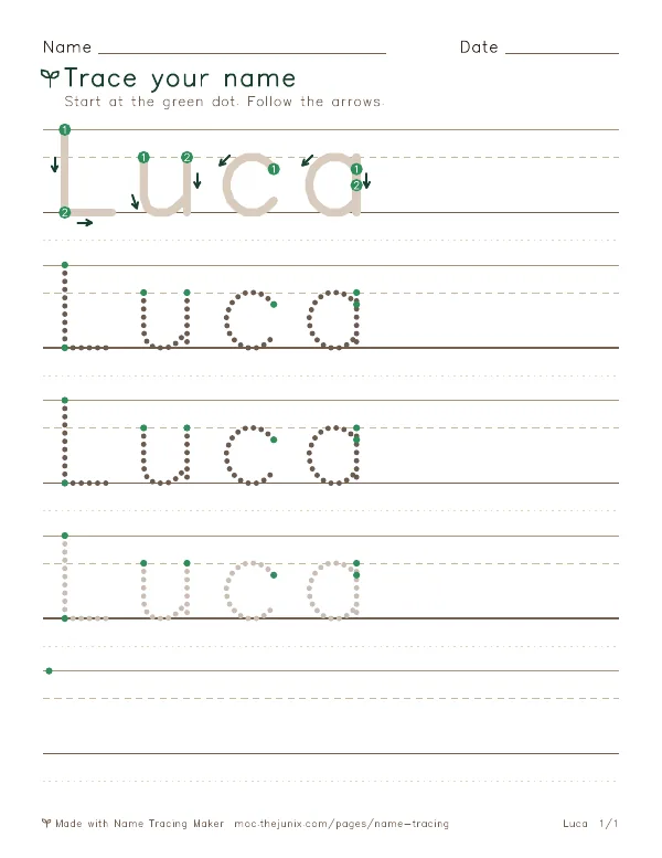 Page 1 of the Luca name tracing worksheet: Luca written six times in dotted letters on handwriting lines, with green start dots and numbered arrows on the first copy