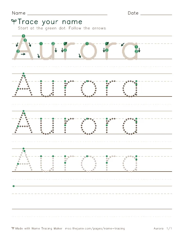 Page 1 of the Aurora name tracing worksheet: Aurora written six times in dotted letters on handwriting lines, with green start dots and numbered arrows on the first copy