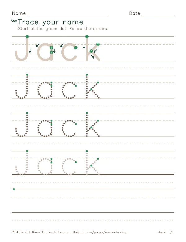 Page 1 of the Jack name tracing worksheet: Jack written six times in dotted letters on handwriting lines, with green start dots and numbered arrows on the first copy