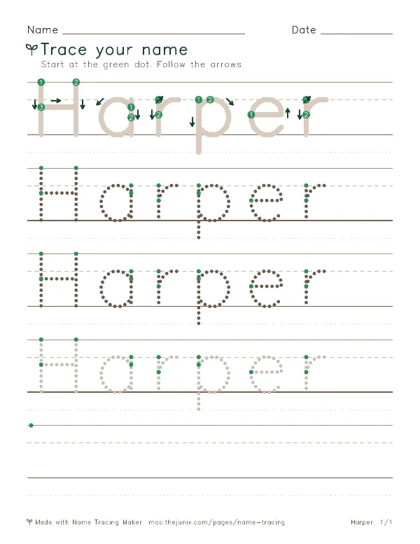 Page 1 of the Harper name tracing worksheet: Harper written six times in dotted letters on handwriting lines, with green start dots and numbered arrows on the first copy