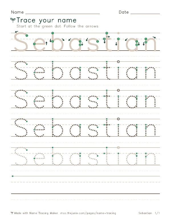 Page 1 of the Sebastian name tracing worksheet: Sebastian written six times in dotted letters on handwriting lines, with green start dots and numbered arrows on the first copy