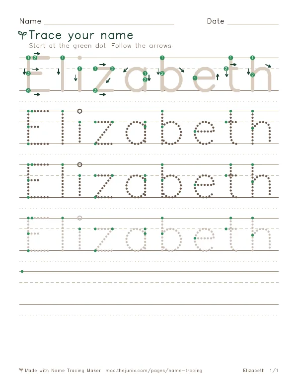 Page 1 of the Elizabeth name tracing worksheet: Elizabeth written six times in dotted letters on handwriting lines, with green start dots and numbered arrows on the first copy
