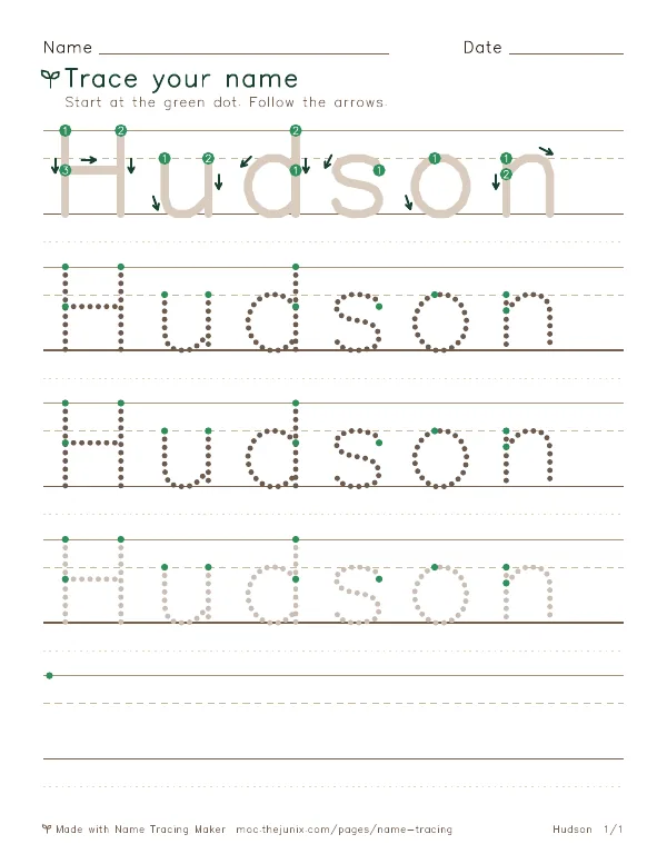 Page 1 of the Hudson name tracing worksheet: Hudson written six times in dotted letters on handwriting lines, with green start dots and numbered arrows on the first copy