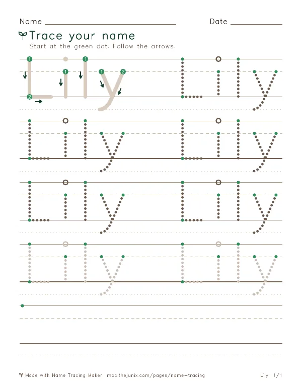 Page 1 of the Lily name tracing worksheet: Lily written six times in dotted letters on handwriting lines, with green start dots and numbered arrows on the first copy
