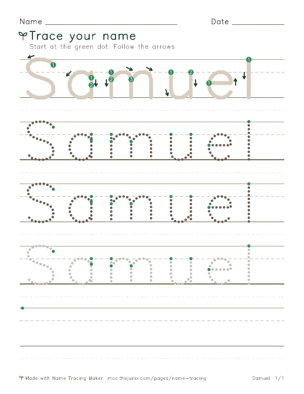 Page 1 of the Samuel name tracing worksheet: Samuel written six times in dotted letters on handwriting lines, with green start dots and numbered arrows on the first copy