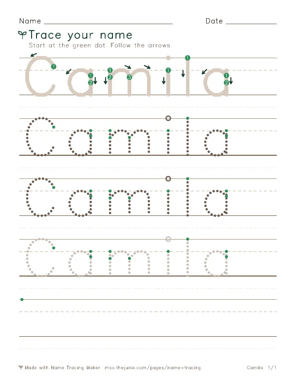 Page 1 of the Camila name tracing worksheet: Camila written six times in dotted letters on handwriting lines, with green start dots and numbered arrows on the first copy