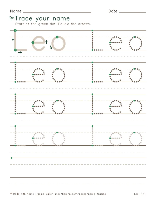 Page 1 of the Leo name tracing worksheet: Leo written six times in dotted letters on handwriting lines, with green start dots and numbered arrows on the first copy